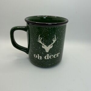 Crate & Barrel Green Speckled "Oh Deer" Ceramic Christmas Mug